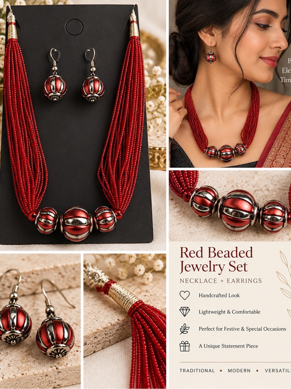 Indian Red Multi Strand Necklace & Earrings Set | Festive Statement Jewelry